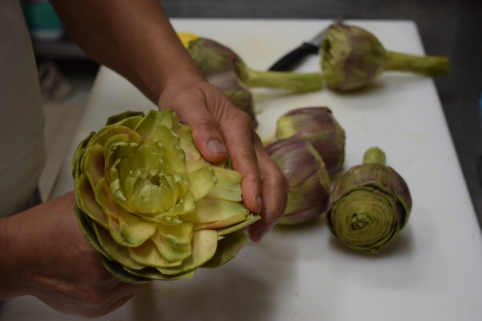 Carciofi freschi puliti a mano in cucina